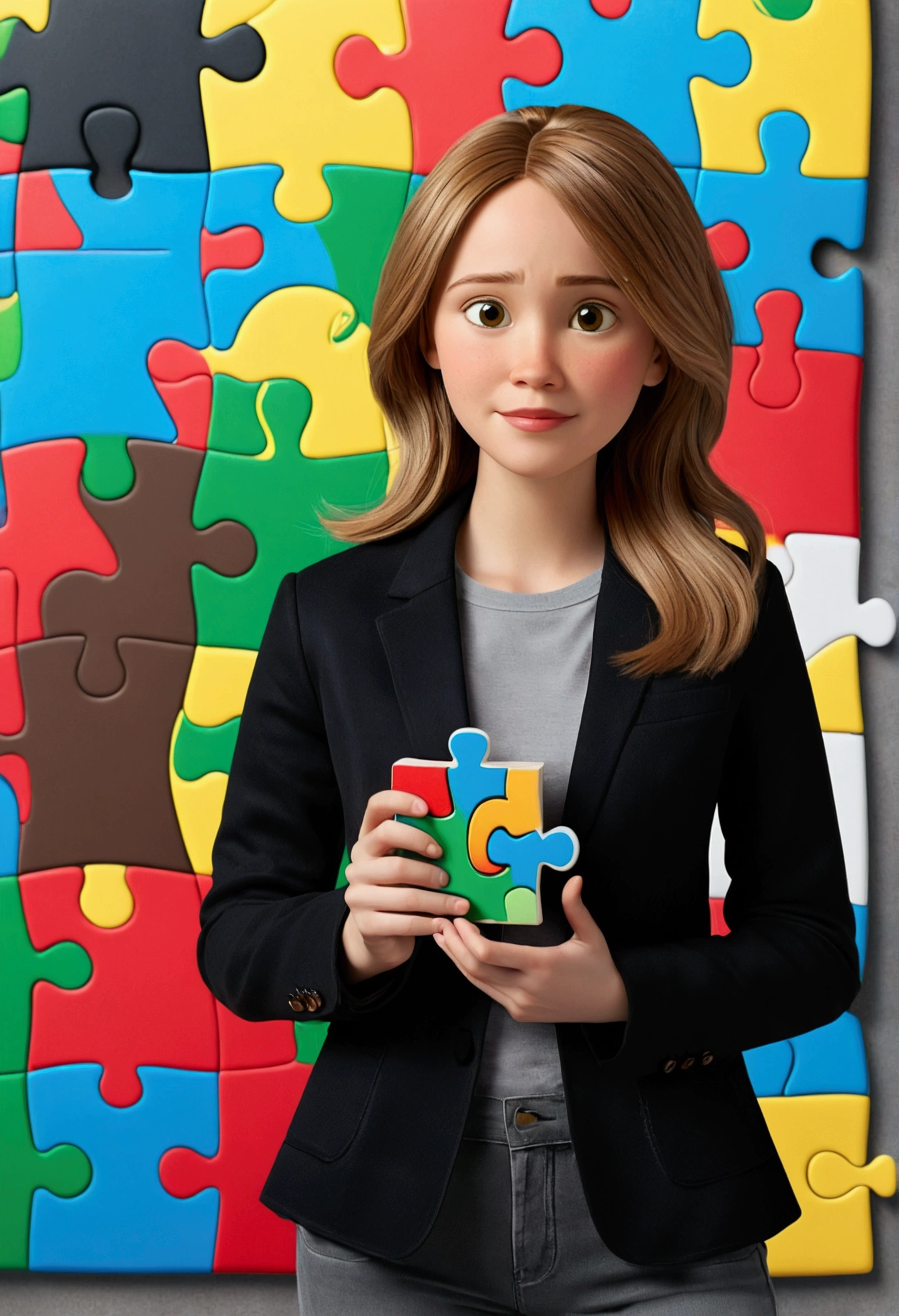 3D Pixar style poster. woman with light skin, very straight dark blonde HAIR, light brown eyes, black blazer, black jeans, gray shirt, white sneakers, notebook in hand, BACKGROUND WITH RED, blue, green and yellow PUZZLE.