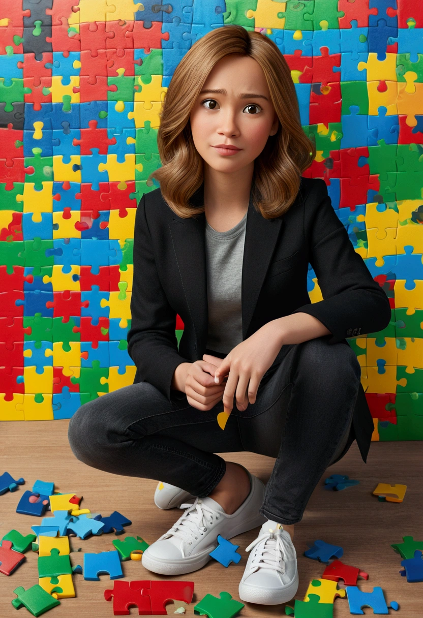 3D Pixar style poster. woman with light skin, very straight dark blonde HAIR, light brown eyes, black blazer, black jeans, gray shirt, white sneakers, notebook in hand, BACKGROUND WITH RED, blue, green and yellow PUZZLE.