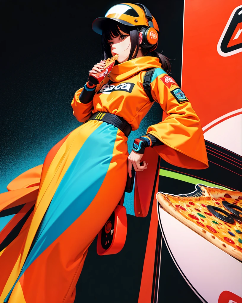 (Very detailed,Ultra-high resolution,Detailed Background),((2D)),((Flat Color)),((Calm colors)),((Floating Neon)),One Girl,alone,View your audience, break, orange, Spray paint, graffiti, Girl in a white space suit with a helmet, Plush scarf, Full body image, Adult female, anatomically perfect face, Focus on the face, Modern Style,artistic,Moving configuration,Unique Pattern,Bold Texture,colorful,Imaginative,Whimsical,Vibrant,like々Shii,Playful,Vibrant,creative,Expressive,stylish,tendency,Eating pizza、Coca-Cola Poster,Headphones,