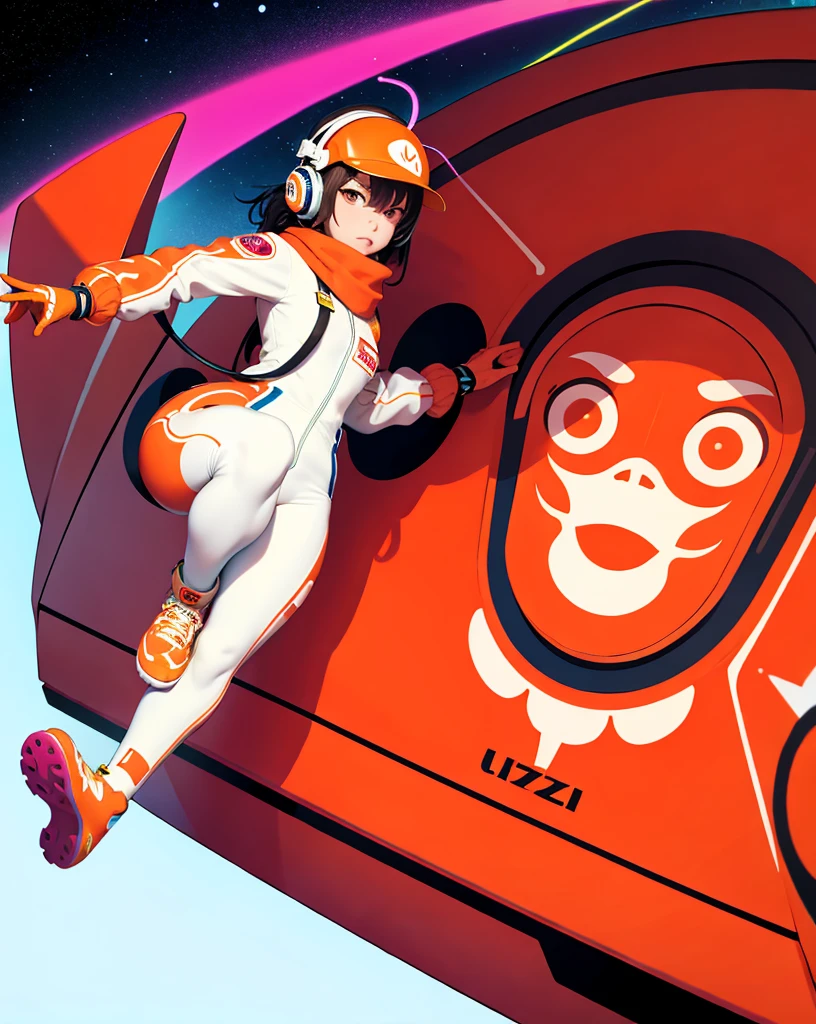 (Very detailed,Ultra-high resolution,Detailed Background),((2D)),((Flat Color)),((Calm colors)),((Floating Neon)),One Girl,alone,View your audience, break, orange, Spray paint, graffiti, Girl in a white space suit with a helmet, Plush scarf, Full body image, Adult female, anatomically perfect face, Focus on the face, Modern Style,artistic,Moving configuration,Unique Pattern,Bold Texture,colorful,Imaginative,Whimsical,Vibrant,like々Shii,Playful,Vibrant,creative,Expressive,stylish,tendency,Eating pizza、Coca-Cola Poster,Headphones,