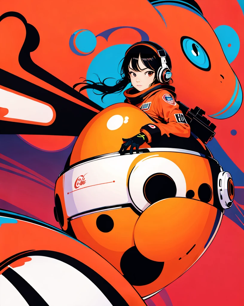 (Very detailed,Ultra-high resolution,Detailed Background),((2D)),((Flat Color)),((Calm colors)),((Floating Neon)),One Girl,alone,View your audience, break, orange, Spray paint, graffiti, Girl in a white space suit with a helmet, Plush scarf, Full body image, Adult female, anatomically perfect face, Focus on the face, Modern Style,artistic,Moving configuration,Unique Pattern,Bold Texture,colorful,Imaginative,Whimsical,Vibrant,like々Shii,Playful,Vibrant,creative,Expressive,stylish,tendency,Eating pizza、Coca-Cola Poster,Headphones,