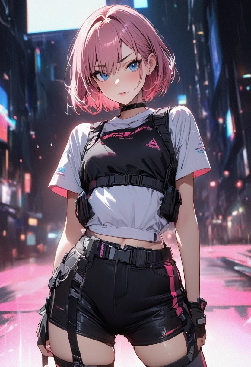 girl pink hair short hair blue eyes cyberpunk black vest shorts high quality masterpiece red wolf