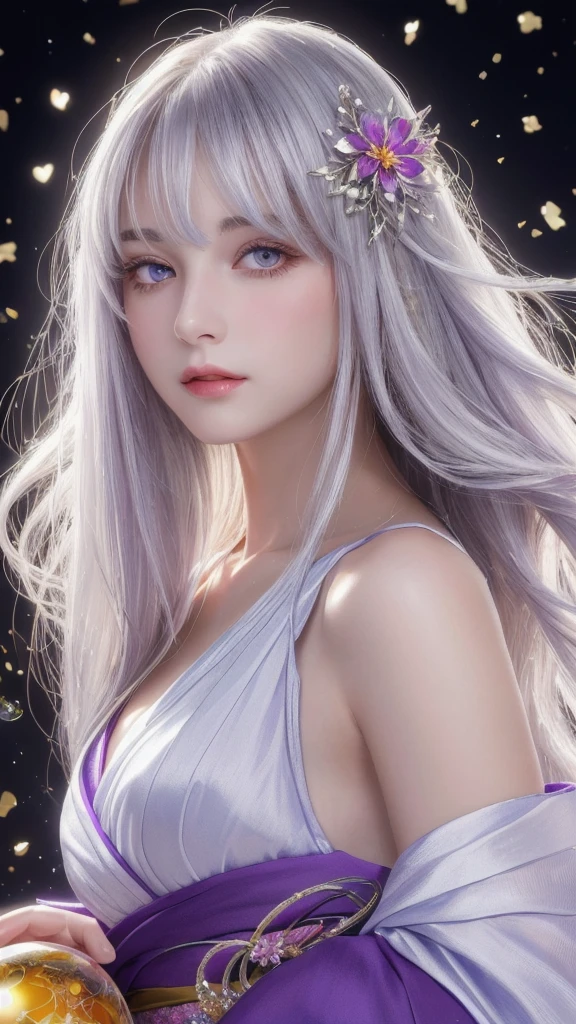 (masterpiece:1.3), (8k, photorealistic, raw photo, highest quality:1.4), (one girl), beautiful face, (realistic face), (long hair), (silver hair, near white hair, shiny hair, beautiful straight hair), (even bangs), (sharp bangs), straight hairstyle, realistic eyes, beautiful detailed eyes (purple eyes), (sharp eyes), (realistic skin), beautiful skin, (kimono), (magician's kimono), (flower hair ornament), attractive, ultra high resolution, ultra realistic, highly detailed, golden ratio, colorful background, (flowers blooming), (energy dancing background), magician, facing forward, facing from shoulders, looking straight ahead, both shoulders facing towards you, holding crystal ball, (heart crystal ball, love crystal ball).