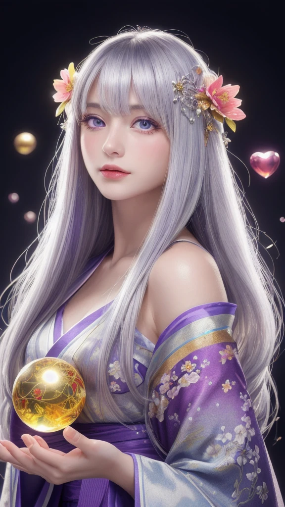 (masterpiece:1.3), (8k, photorealistic, raw photo, highest quality:1.4), (one girl), beautiful face, (realistic face), (long hair), (silver hair, near white hair, shiny hair, beautiful straight hair), (even bangs), (sharp bangs), straight hairstyle, realistic eyes, beautiful detailed eyes (purple eyes), (sharp eyes), (realistic skin), beautiful skin, (kimono), (magician's kimono), (flower hair ornament), attractive, ultra high resolution, ultra realistic, highly detailed, golden ratio, colorful background, (flowers blooming), (energy dancing background), magician, facing forward, facing from shoulders, looking straight ahead, both shoulders facing towards you, holding crystal ball, (heart crystal ball, love crystal ball).
