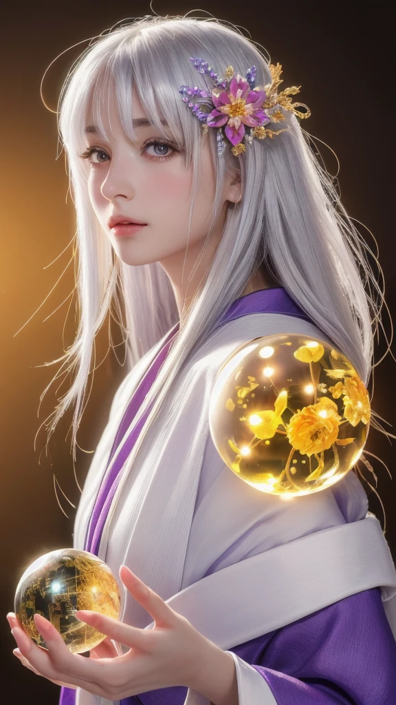 (masterpiece:1.3), (8k, photorealistic, raw photo, highest quality:1.4), (one girl), beautiful face, (realistic face), (long hair), (silver hair, near white hair, shiny hair, beautiful straight hair), (even bangs), (sharp bangs), straight hairstyle, realistic eyes, beautiful detailed eyes (purple eyes), (sharp eyes), (realistic skin), beautiful skin, (kimono), (magician's kimono), (flower hair ornament), attractive, ultra high resolution, ultra realistic, highly detailed, golden ratio, colorful background, (flowers blooming), (energy dancing background), magician, facing forward, facing from shoulders, looking straight ahead, both shoulders facing towards you, holding crystal ball, (heart crystal ball, love crystal ball).