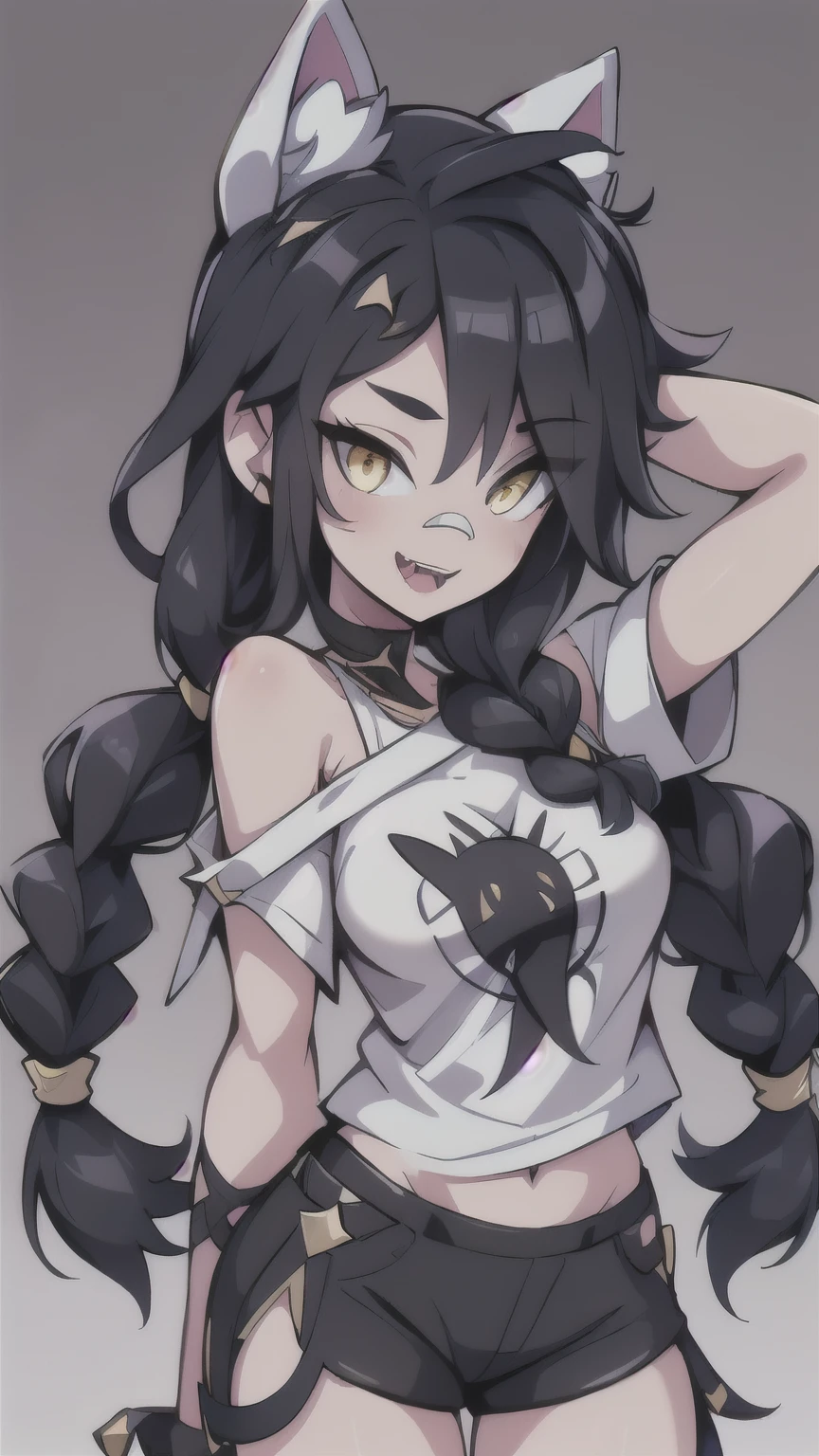 1girl, solo, long hair, looking at viewer, black hair, bandaid on face, yellow eyes, animal ears, smile, bandaid on nose, braid, cat ears, bandaid, bangs, breasts, fake animal ears, simple background, open mouth, fang, bare shoulders, scar, teeth, shirt, bare shoulders, white shirt, short sleeves, closed mouth, t-shirt, hair over one eye, portrait, bag, hair over shoulder, shorts, fullbody shot, cute, messy hair