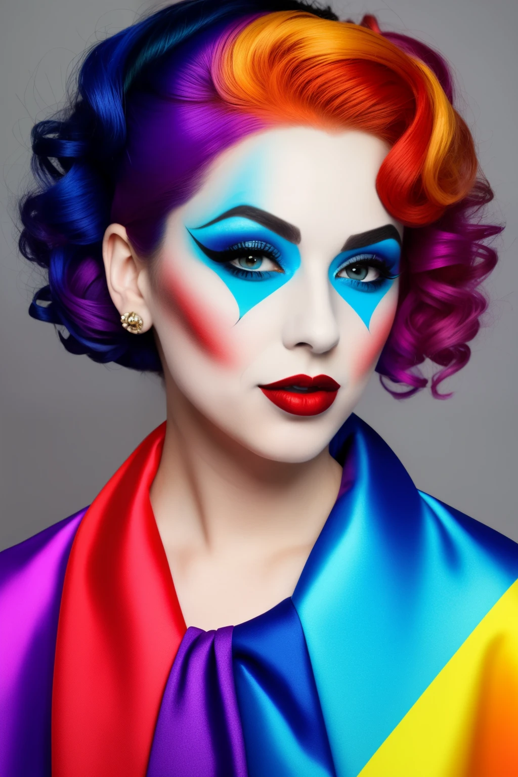 1 woman clown makeup, enshrouded in Mystery, emulating the distinctive style of Andy Warhol, vibrant and pop-art inspired, Futuristic with a twist of Classic charm, presented in a 16:9 aspect ratio at a high resolution of 5120x2880 pixels, showcasing the intricate details of her colorful makeup, capturing the essence of a masterpiece.