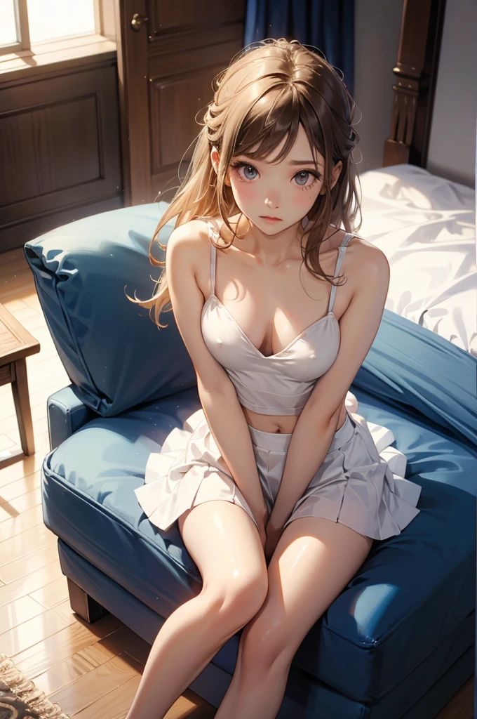 mini skirt,Crouched View,((Small Bust)),Nipples,Expose the inside of your legs,White panties,Luxurious Room