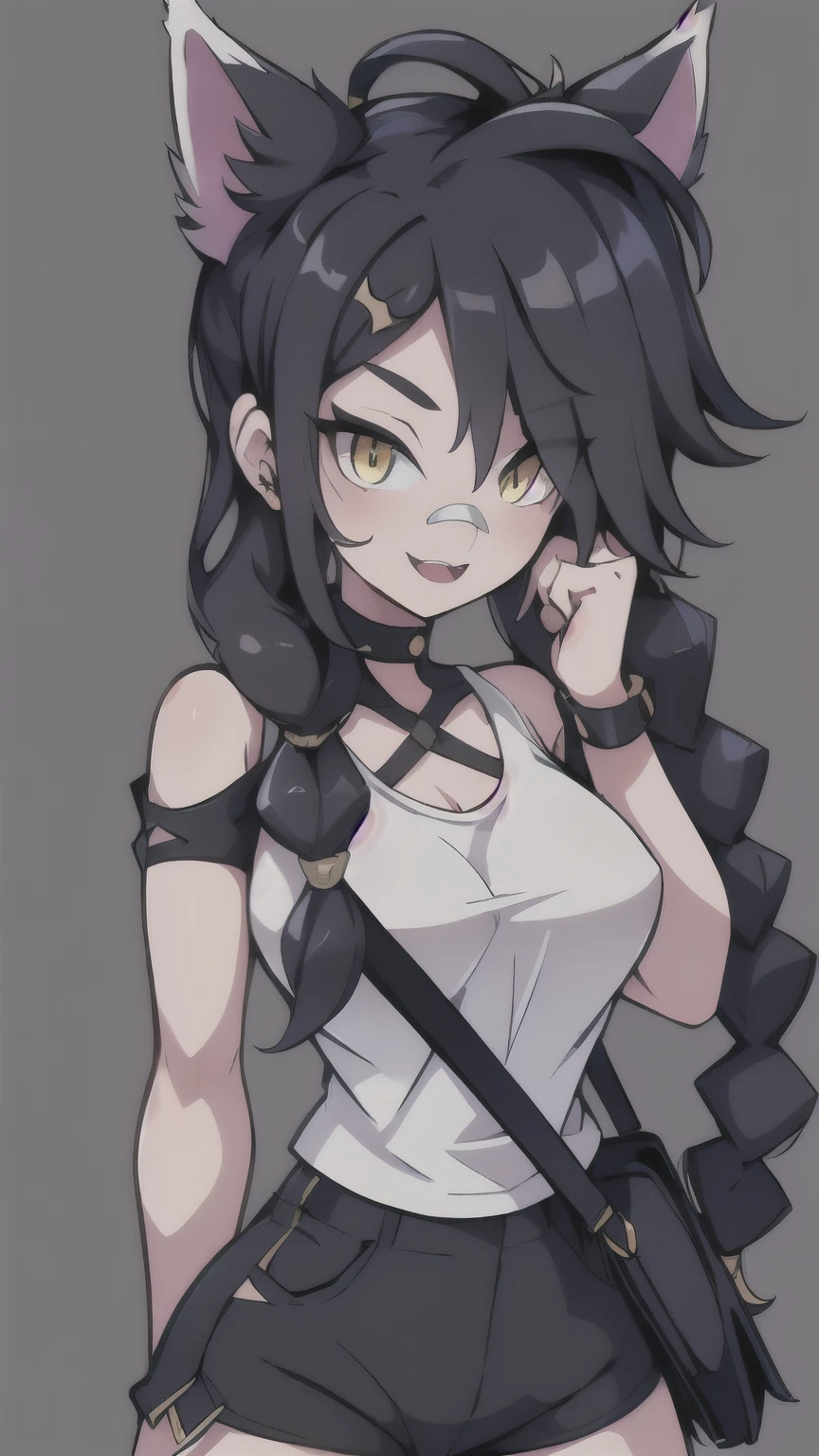 1girl, solo, long hair, looking at viewer, black hair, bandaid on face, yellow eyes, animal ears, smile, bandaid on nose, braid, cat ears, bandaid, bangs, breasts, fake animal ears, simple background, open mouth, fang, bare shoulders, scar, teeth, shirt, bare shoulders, white shirt, short sleeves, closed mouth, t-shirt, hair over one eye, portrait, bag, hair over shoulder, shorts, fullbody shot, cute, messy hair