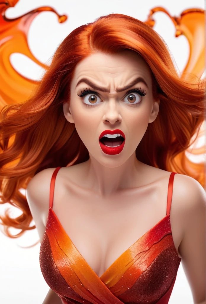create a 3d illustration, model realisitic, exuberant, anger, woman sofisticaded, orange wave ombre red hair, luxury, realisitic, eyes browns, ninth time, Red lips, anger expression, Pixar-style, fashionable, rock red dress, Search for the camera, White background, Photo of the center,
super HD,