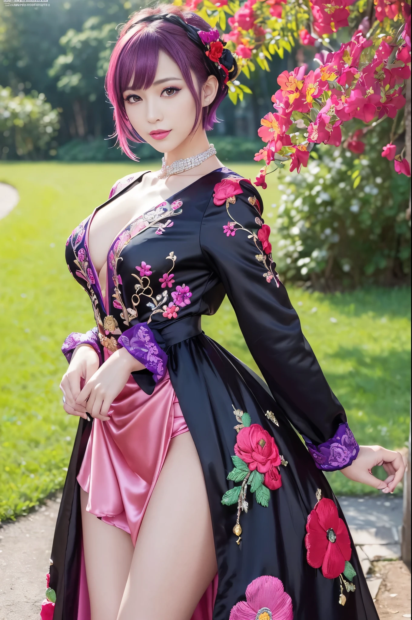 (masterpiece:1.4), (best quality:1.4), ultra high res, ultra high resolution, ((detailed facial features)), HDR, (realistic, photorealistic, photo-realistic:1.37), full body Esbian, sexy Vietnamese model, (-anime), vivid colors, ((vivid colors multicolor (pink, red, purple) very short hair)), ((smiling face)), lip-gloss, long lashes, ultra detailed metallic makeup, defined eyebrows, wearing large sparkling colorful jewelery, (wearing a red silk Paradise Kiss cosplay dress with black floral embroidery), ((vivid colors outfit)), vivid colors, look at the camera, cinematic light, large park background with trees, sweet and sexy pose