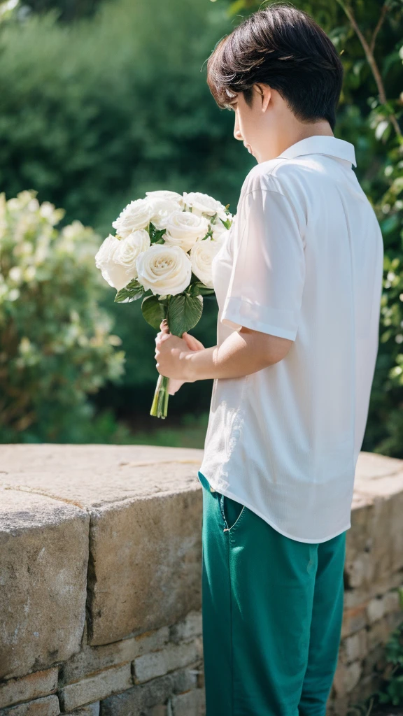 14 year old boy，（Wearing white tennis clothes，Wearing green socks），Dark skin，Big round eyes，Very short hair，Tall and skinny，Toothy Smile，Sharpen details，Knee muscle lines，Blue Background，Hold a bouquet of flowers in your hand