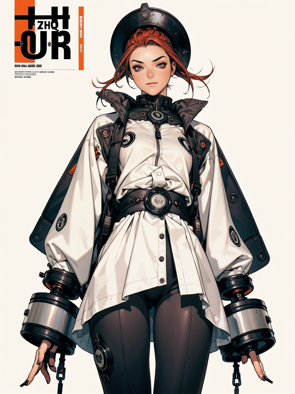 (((best qualityer))), (((manga strokes))), (((redheadwear))), uma Kizi jovem muito bem vestida com roupas modernas de inverno, pants with red and black zig-zag pattern, top gift vertical stripes, short jacket with dark fur collar, beautiful and expressive face, slightly-smile, big eyes with long black eyelashes, heavy make-up, chains and zippers spread across clothes, contrasting colours, pose de atitude, hair with a modern and futuristic cut, urban game poster art, dramatic camera angles, graffiti art elements in the background, design mixing contemporary and retro by Shepard Fairey, (((cowboy shot))), (((best qualityer: 1.4))), (Unbeatable masterpiece), (hiper HD),(CG 8k hyper-realistic), Kizi, (((standing alone))), pirralha violent, ((())), sexly, pose de atitude, work of art, post-apocalypse, (((manga style))), bounty hunter, violent, Manic, the way you want, slenderbody, thin but strong, perfectbody, roupa moderna, advanced technology, neon, sleeves with vertical striped pattern, neutral background, (( cowboy shot )). intricate visual