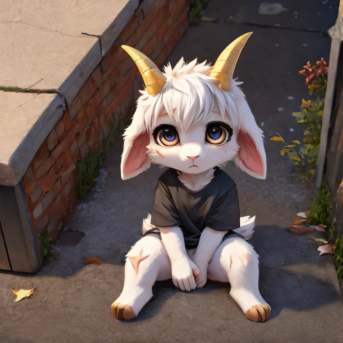Cinematic, Solo, White female goat, soft fur, wearing a grey t-shirt and panties, furry, white body, with golden horns, lost look, tired expression, dirty and torn clothes, sitting on the street with legs open, extremely detailed, beautiful and detailed dilated eyes, black eyes, full body, with a body full of scars, high-angle, five fingers, chibi