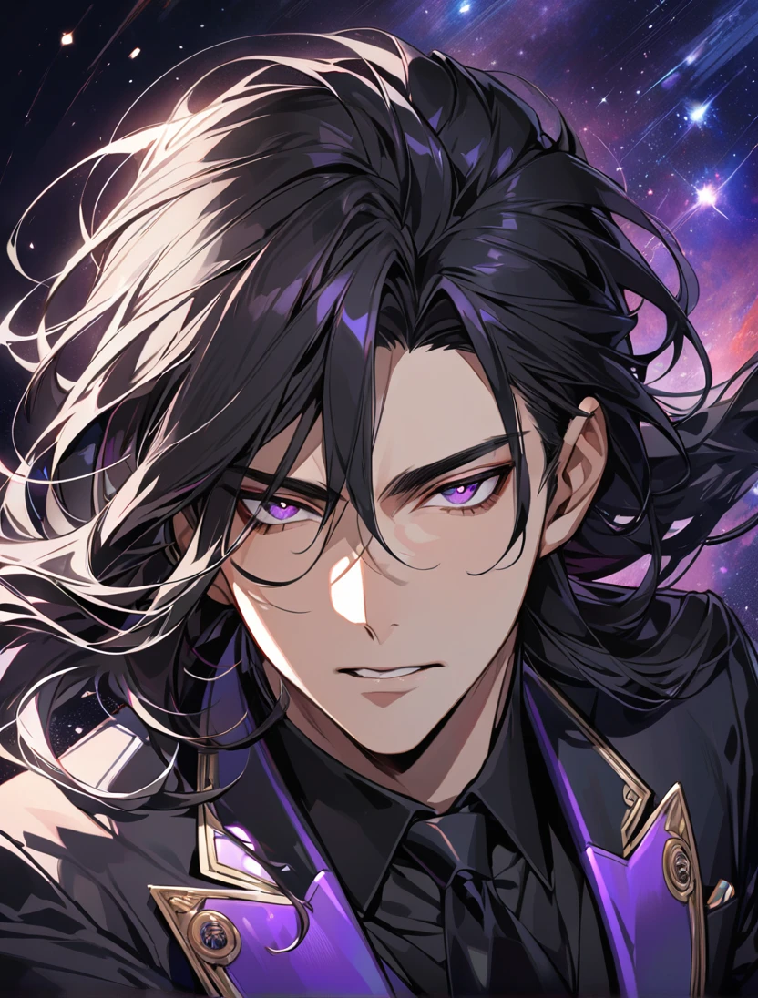 (black_hair), (long_male_hair), (deep_purple_eyes), (high_detailed_eyes), (attractive), (Deep_space_background), (male), (wears_black_suit), (long_male_hair), (detailed_Hair), (detailed), (detailed_mouth), (vertical_slit_pupils), (Russian)