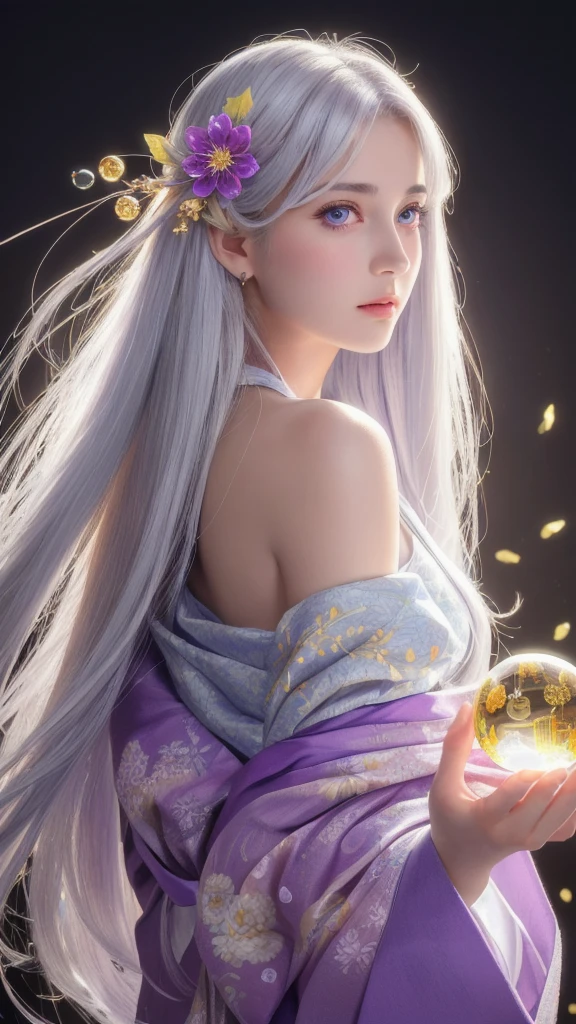 (masterpiece:1.3), (8k, photorealistic, raw photo, highest quality:1.4), (one girl), beautiful face, (realistic face), (long hair), (silver hair, near white hair, shiny hair, beautiful straight hair), (even bangs), (sharp bangs), straight hairstyle, realistic eyes, beautiful detailed eyes (purple eyes), (sharp eyes), (realistic skin), beautiful skin, (kimono), (magician's kimono), (flower hair ornament), attractive, ultra high resolution, ultra realistic, highly detailed, golden ratio, colorful background, (flowers blooming), (energy dancing background), magician, facing forward, facing from shoulders, looking straight ahead, both shoulders facing towards you, holding crystal ball, (heart crystal ball, love crystal ball).