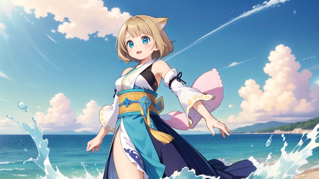 Cat ear、Blonde Hair、Short Hair、Cat ear、Turquoise Eyes(masterpiece, Highest品質, Highest, Official Art, beautifully、aesthetic, exposed for a long time:1.3), Fluid movement, Fascinating patterns, (One girl: 2), (Dynamic pose), Absurd, Portraiture, alone, (whole body:1.1), View your viewers, Detailed Background, Detailed face, standing on water, ripple, swirling water, Suspended particles, Ether Dynamic, water, splash, vapor, Ocean Background, coastal, Ethereal atmosphere, (Crystal AI:0.8), Realistic Skin, Dramatic lighting, Ultra-realistic, wallpaper, Complex, Sharp focus, Ray Tracing, RTTX 10.0, Professionally color coded, Professional photography, masterpiece, Super detailed, high quality, Highest quality, 4K, 8k, born, FFX, Heterochromia iridis, short hair, Yuna Costume, hair ornaments, Removable sleeves, In the same way, sash, In the same way skirt, Long skirt, smile, Happy, Blonde Hair、Short Hair、Cat ear、Turquoise Eyes