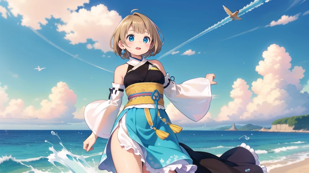 Cat ear、Blonde Hair、Short Hair、Cat ear、Turquoise Eyes(masterpiece, Highest品質, Highest, Official Art, beautifully、aesthetic, exposed for a long time:1.3), Fluid movement, Fascinating patterns, (One girl: 2), (Dynamic pose), Absurd, Portraiture, alone, (whole body:1.1), View your viewers, Detailed Background, Detailed face, standing on water, ripple, swirling water, Suspended particles, Ether Dynamic, water, splash, vapor, Ocean Background, coastal, Ethereal atmosphere, (Crystal AI:0.8), Realistic Skin, Dramatic lighting, Ultra-realistic, wallpaper, Complex, Sharp focus, Ray Tracing, RTTX 10.0, Professionally color coded, Professional photography, masterpiece, Super detailed, high quality, Highest quality, 4K, 8k, born, FFX, Heterochromia iridis, short hair, Yuna Costume, hair ornaments, Removable sleeves, In the same way, sash, In the same way skirt, Long skirt, smile, Happy, Blonde Hair、Short Hair、Cat ear、Turquoise Eyes