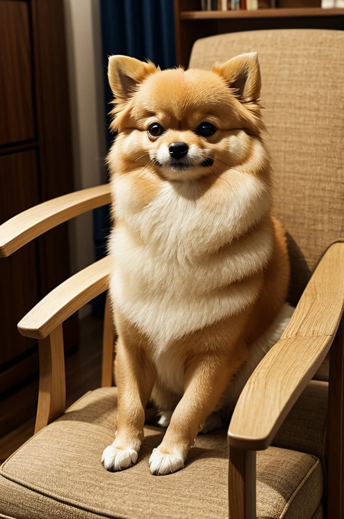 Pomeranian sitting in an elegant chair