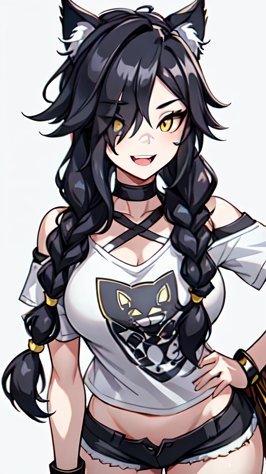 1girl, solo, long hair, looking at viewer, black hair, bandaid on face, yellow eyes, animal ears, smile, bandaid on nose, braid, cat ears, bandaid, bangs, breasts, fake animal ears, simple background, open mouth, fang, bare shoulders, scar, teeth, shirt, bare shoulders, white shirt, short sleeves, closed mouth, t-shirt, hair over one eye, portrait, bag, hair over shoulder, shorts, fullbody shot, cute, messy hair