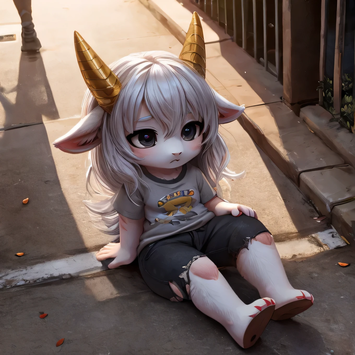 Cinematic, Solo, White female goat, soft fur, wearing a grey t-shirt and panties, furry, white body, with golden horns, lost look, tired expression, dirty and torn clothes, sitting on the floor with legs open, next to the street, extremely detailed, beautiful and detailed dilated eyes, black eyes, full body, with a body full of scars, high-angle, five fingers, chibi