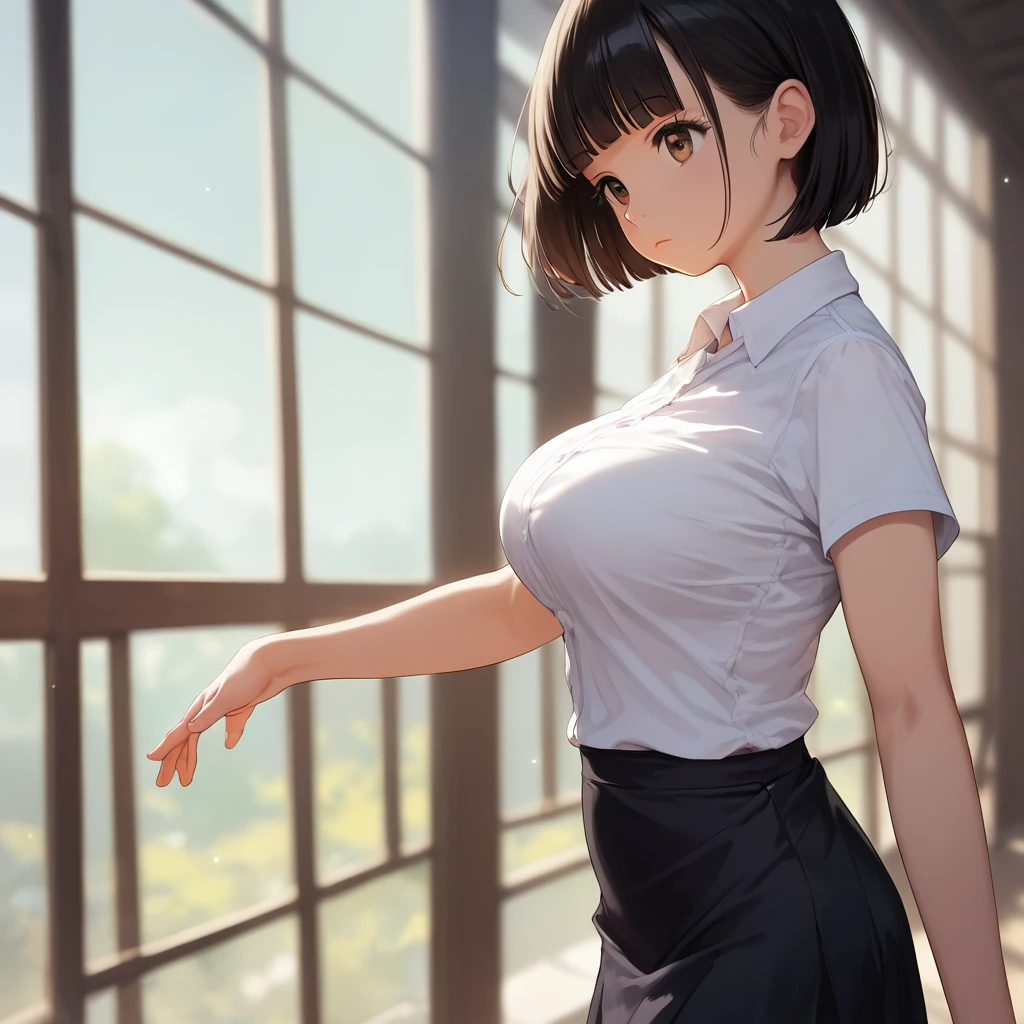 score_9,score_8_up,score_7_up,masterpiece,best quality, source anime, realistic, super detailed, extreme detailed, rating_safe,
1girl, Walking, spread arms, (from side:0.5), BREAK girl, 22yo, short hair, bob cut, (blunt bangs), black hair, (tareme, detailed cute brown eyes), curled eyelashes, (large breasts:0.9), shiny hair, beautiful detailed eyes, beautiful face, slender, small ass, slim legs, serious, white collared shirt, black tight mini skirt, pumps,