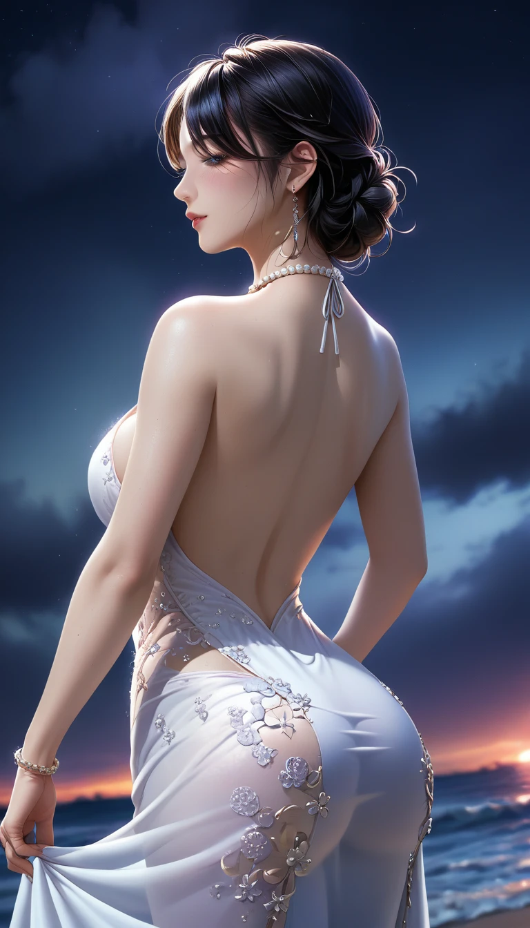 score_9, score_8_superior, score_7_superior, Masterpieces with up to 16K resolution,Highest quality,it is really amazing,Very detailed,Ultra-high resolution,Real,Realistic,Increased depth of field,Cinematic lighting,
sexy japanese milf,
Long black hair,(Ultra-detailed and beautiful faces:1.4),Translucent white skin,Very detailedな肌,
(Elegant resort dresses:1.2),
Artistic design,Beautiful and detailed pattern,Detailed fabric texture,
Gorgeous necklace,Earrings,
(A pitch black night sky with dark clouds:1.4),The coast before the storm,
delay々Continuing sandy beach,
(Back Angle:1.3),