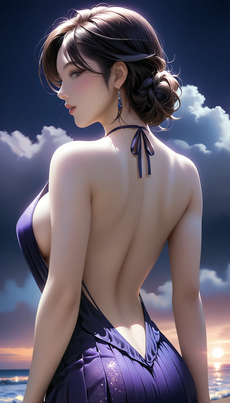 score_9, score_8_superior, score_7_superior, Masterpieces with up to 16K resolution,Highest quality,it is really amazing,Very detailed,Ultra-high resolution,Real,Realistic,Increased depth of field,Cinematic lighting,
sexy japanese milf,
Long black hair,(Ultra-detailed and beautiful faces:1.4),Translucent white skin,Very detailedな肌,
(Elegant resort dresses:1.2),
Artistic design,Beautiful and detailed pattern,Detailed fabric texture,
Gorgeous necklace,Earrings,
(A pitch black night sky with dark clouds:1.4),The coast before the storm,
delay々Continuing sandy beach,
(Back Angle:1.3),