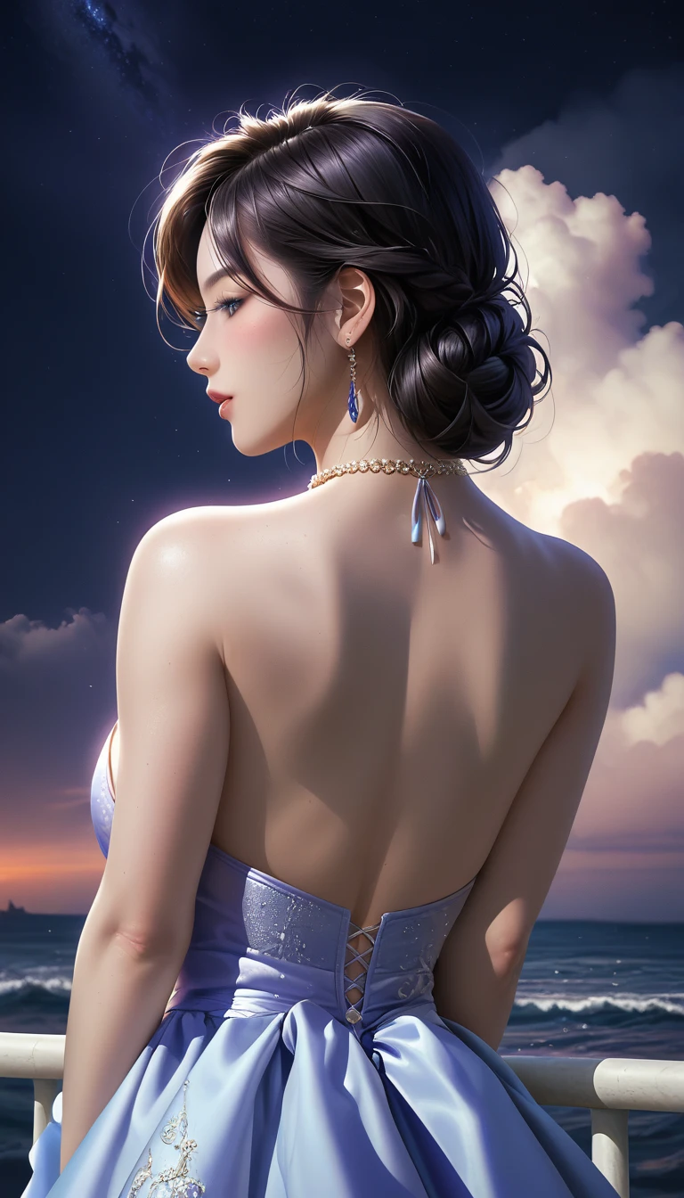 score_9, score_8_superior, score_7_superior, Masterpieces with up to 16K resolution,Highest quality,it is really amazing,Very detailed,Ultra-high resolution,Real,Realistic,Increased depth of field,Cinematic lighting,
sexy japanese milf,
Long black hair,(Ultra-detailed and beautiful faces:1.4),Translucent white skin,Very detailedな肌,
(Elegant resort dresses:1.2),
Artistic design,Beautiful and detailed pattern,Detailed fabric texture,
Gorgeous necklace,Earrings,
(A pitch black night sky with dark clouds:1.4),The coast before the storm,
delay々Continuing sandy beach,
(Back Angle:1.3),