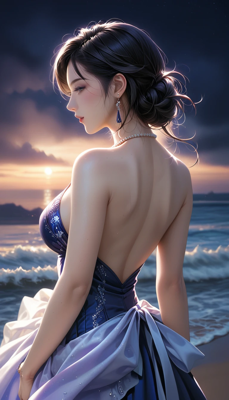 score_9, score_8_superior, score_7_superior, Masterpieces with up to 16K resolution,Highest quality,it is really amazing,Very detailed,Ultra-high resolution,Real,Realistic,Increased depth of field,Cinematic lighting,
sexy japanese milf,
Long black hair,(Ultra-detailed and beautiful faces:1.4),Translucent white skin,Very detailedな肌,
(Elegant resort dresses:1.2),
Artistic design,Beautiful and detailed pattern,Detailed fabric texture,
Gorgeous necklace,Earrings,
(A pitch black night sky with dark clouds:1.4),The coast before the storm,
delay々Continuing sandy beach,
(Back Angle:1.3),