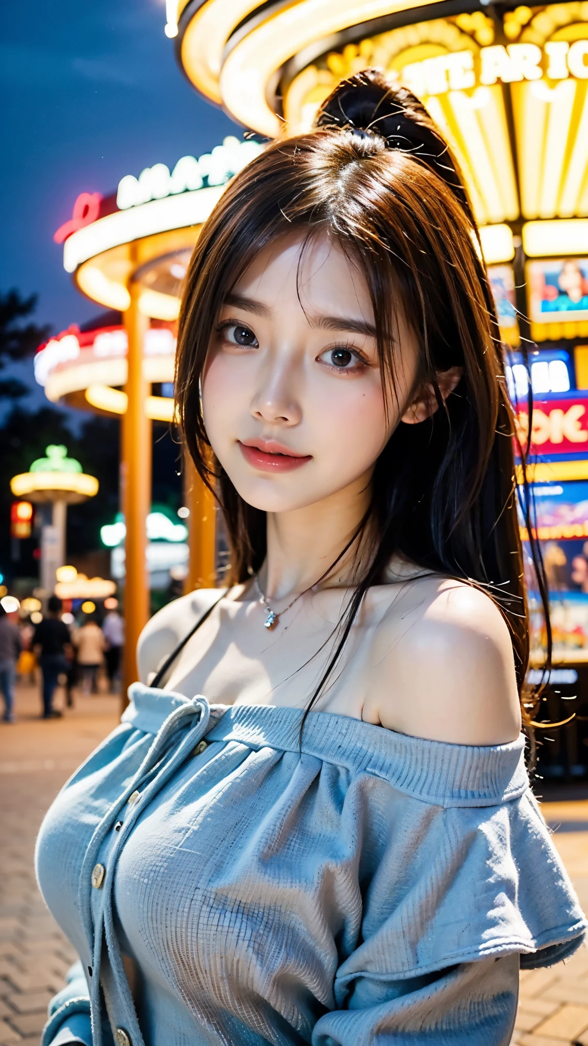 best quality, masterpiece, ultra high resolution, (reality: 1.4), original photo, one girl, 23 years old:1.2, Off-shoulder with vivid colors, Cinema Lighting、portrait、amusement park at night、big bust