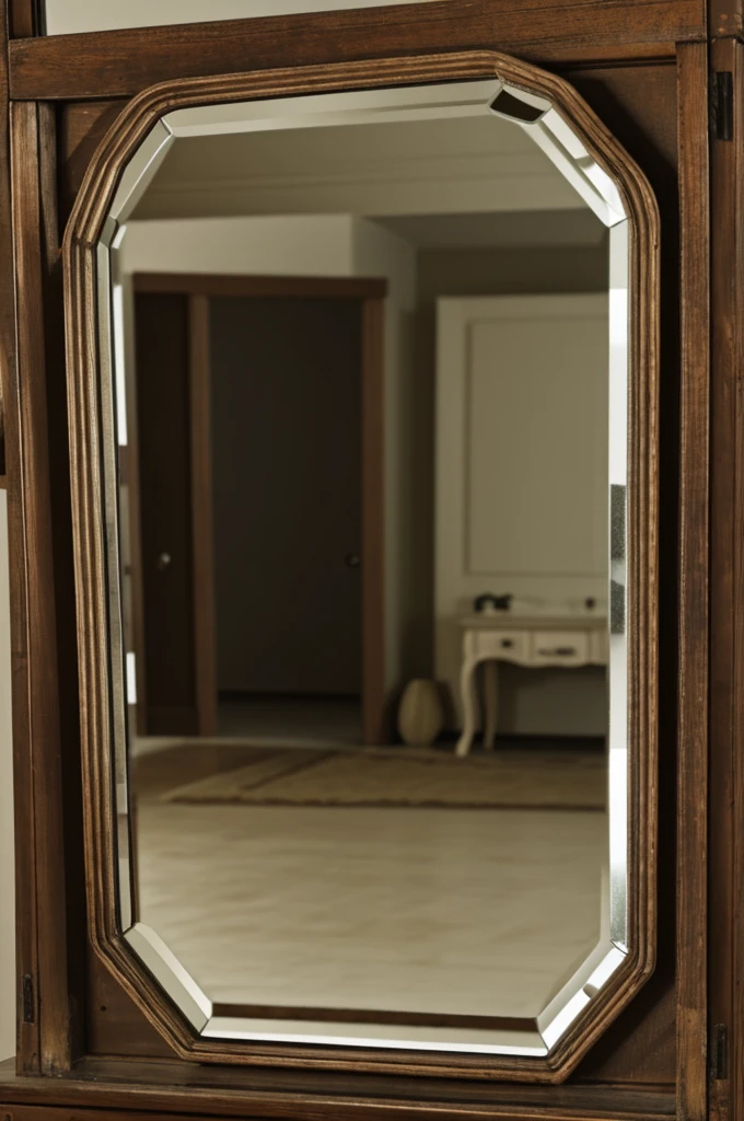 Close-up shot of an old, dusty mirror.*