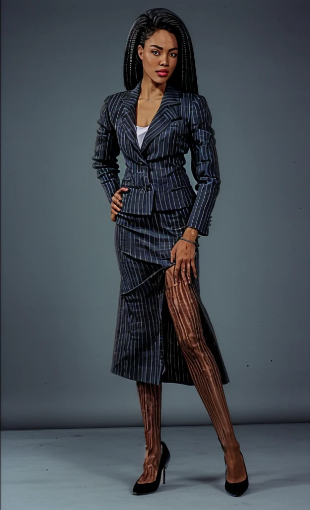 90s grown tall skinny black skinned female business woman in a grey pinstripe skirt suit wearing grey heels with cornrow hair full body
Pinstripe blaze and pinstripe skirt