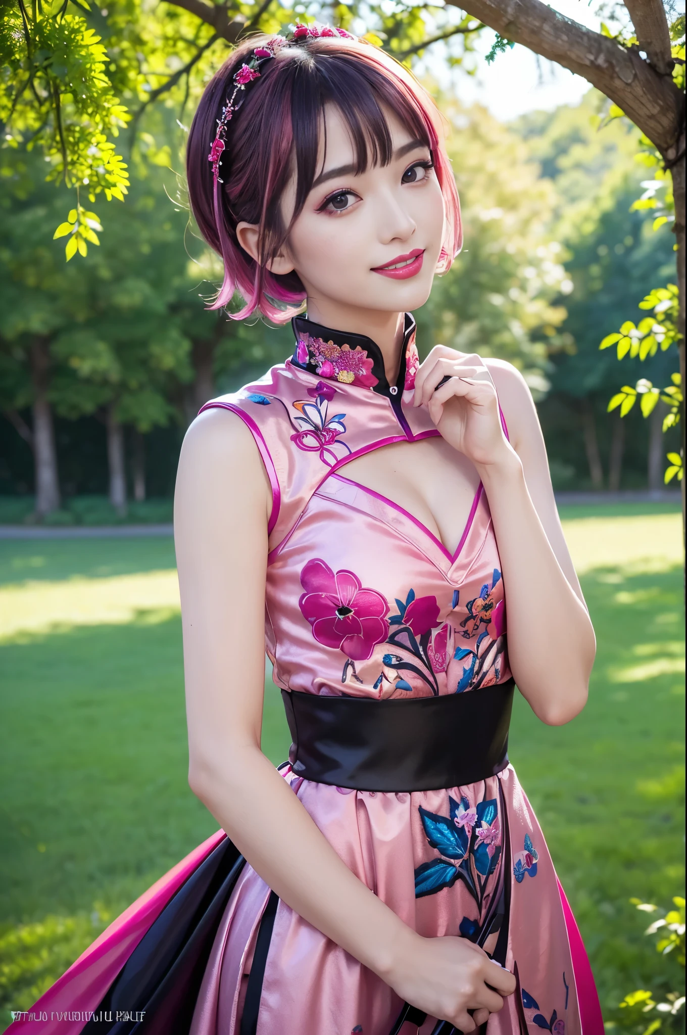 (masterpiece:1.4), (best quality:1.4), ultra high res, ultra high resolution, ((detailed facial features)), HDR, (realistic, photorealistic, photo-realistic:1.37), full body Esbian, sexy Japanese model, (-anime), only 1 model, vivid colors, ((vivid colors multicolor (fuchsia, pink, light blue, purple) very short hair)), ((smiling face)), lip-gloss, long lashes, ultra detailed metallic makeup, defined eyebrows, wearing a red silk Paradise Kiss cosplay dress with black floral embroidery, ((vivid colors outfit)), vivid colors, look at the camera, cinematic light, large park background with trees, sweet and sexy pose