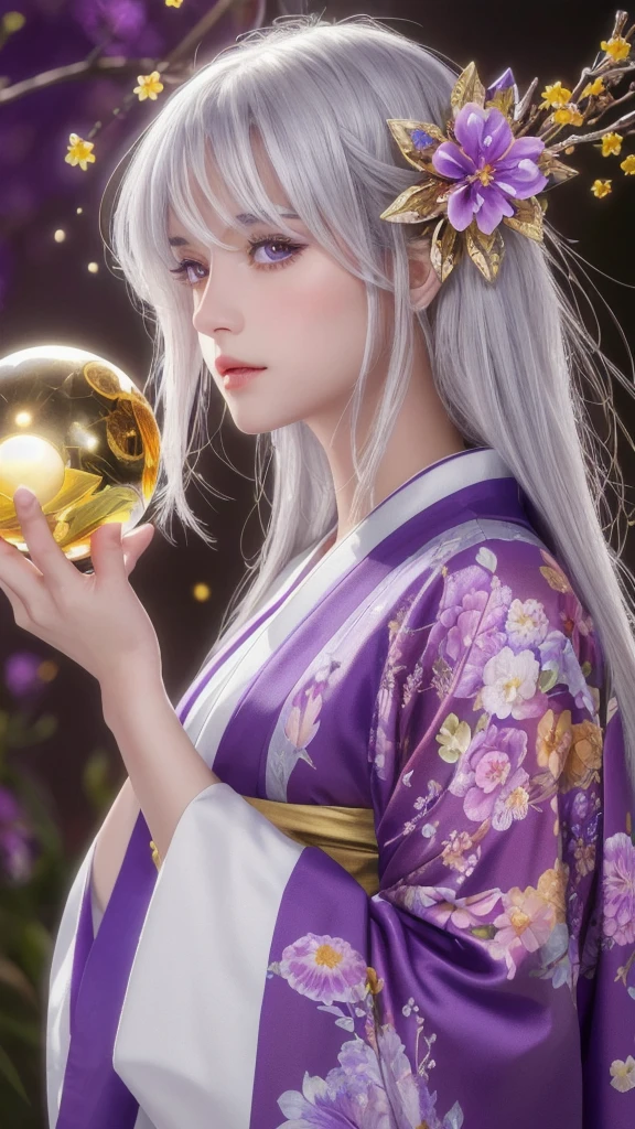 (masterpiece:1.3), (8k, photorealistic, raw photo, highest quality:1.4), (one girl), beautiful face, (realistic face), (long hair), (silver hair, near white hair, shiny hair, beautiful straight hair), (even bangs), (sharp bangs), straight hairstyle, realistic eyes, beautiful detailed eyes (purple eyes), (sharp eyes), (realistic skin), beautiful skin, (kimono), (magician's kimono), (flower hair ornament), attractive, ultra high resolution, ultra realistic, highly detailed, golden ratio, colorful background, (flowers blooming), (energy dancing background), magician, facing forward, facing from shoulders, looking straight ahead, both shoulders facing towards you, holding crystal ball, (heart crystal ball, love crystal ball).