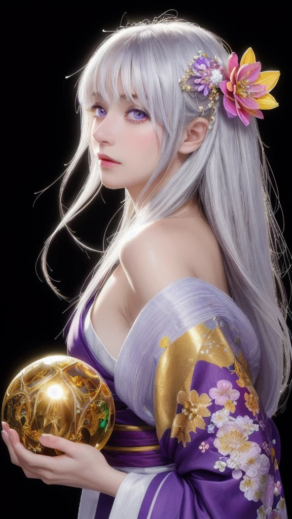 (masterpiece:1.3), (8k, photorealistic, raw photo, highest quality:1.4), (one girl), beautiful face, (realistic face), (long hair), (silver hair, near white hair, shiny hair, beautiful straight hair), (even bangs), (sharp bangs), straight hairstyle, realistic eyes, beautiful detailed eyes (purple eyes), (sharp eyes), (realistic skin), beautiful skin, (kimono), (magician's kimono), (flower hair ornament), attractive, ultra high resolution, ultra realistic, highly detailed, golden ratio, colorful background, (flowers blooming), (energy dancing background), magician, facing forward, facing from shoulders, looking straight ahead, both shoulders facing towards you, holding crystal ball, (heart crystal ball, love crystal ball).