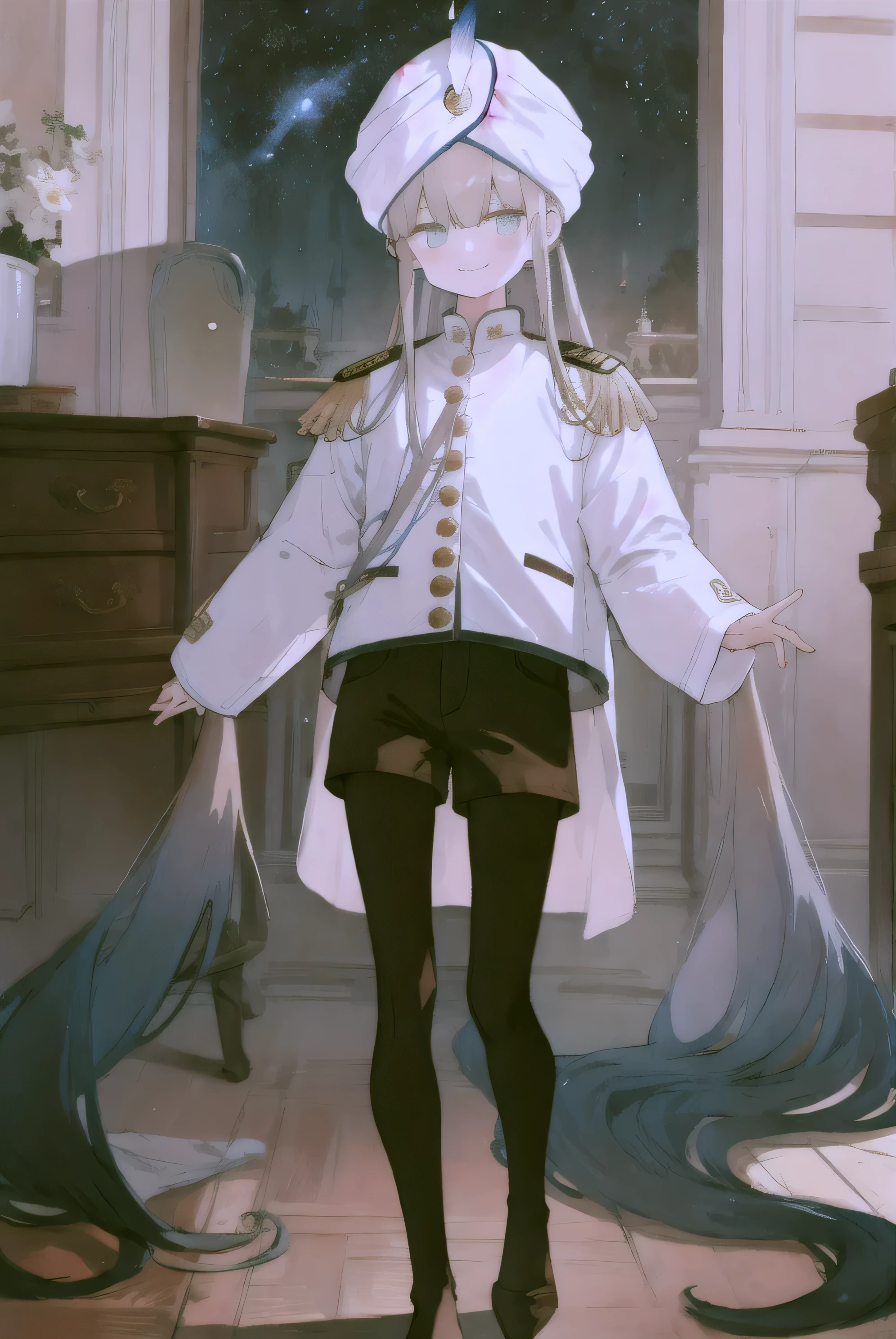 masterpiece, best quality, captain nemo \(fate\), blonde hair, (blue hair:1.1), multicolored hair, gradient hair, bangs, blunt bangs, green eyes, pupils, detailed pupils, very long hair, hair down, otoko no ko, 1boy, white jacket, long sleeves, epaulettes, black shorts, blue pantyhose, white turban, white hat, 1boy, solo, standing, smile, indoors, underwater, ethereal, stars, looking at viewer, full body