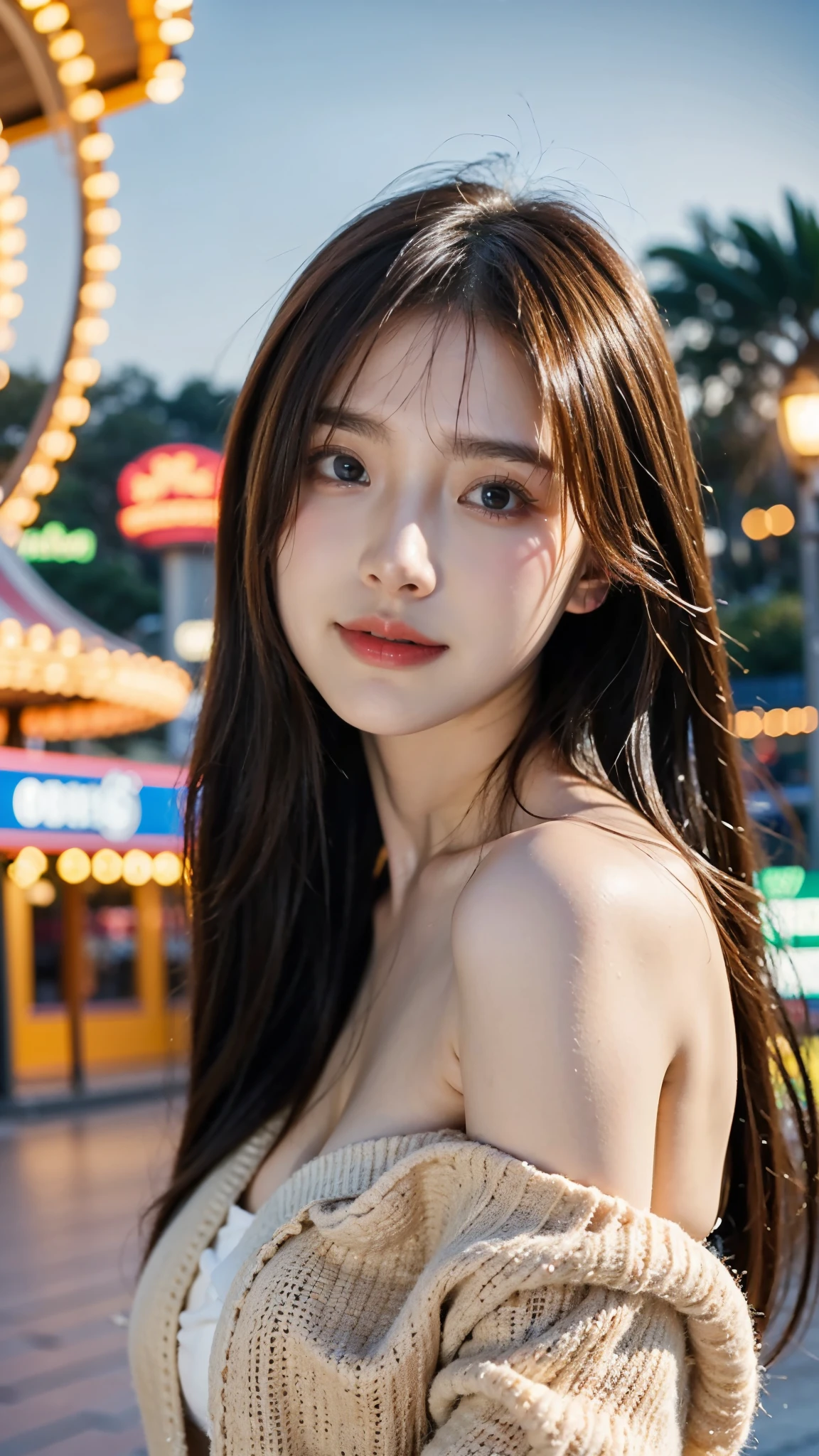 best quality, masterpiece, ultra high resolution, (reality: 1.4), original photo, one girl, 23 years old:1.2, Off-shoulder with vivid colors, Cinema Lighting、portrait、amusement park at night、big bust