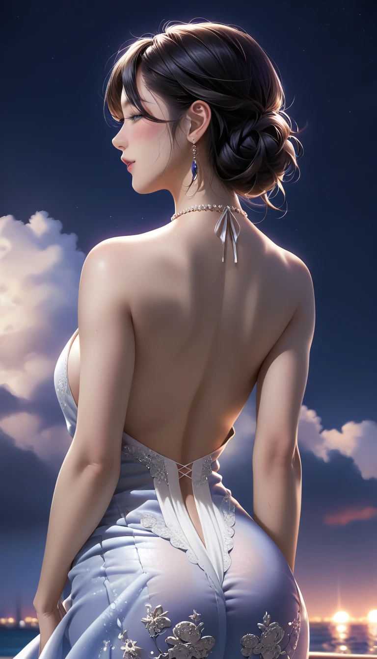 score_9, score_8_superior, score_7_superior, Masterpieces with up to 16K resolution,Highest quality,it is really amazing,Very detailed,Ultra-high resolution,Real,Realistic,Increased depth of field,Cinematic lighting,
sexy japanese milf,
Long black hair,(Ultra-detailed and beautiful faces:1.4),Translucent white skin,Very detailedな肌,
(Elegant resort dresses:1.2),
Artistic design,Beautiful and detailed pattern,Detailed fabric texture,
Gorgeous necklace,Earrings,
(A pitch black night sky with dark clouds:1.4),The coast before the storm,
delay々Continuing sandy beach,
(Back Angle:1.3),