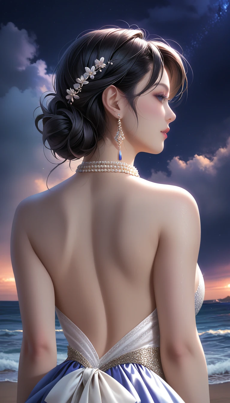 score_9, score_8_superior, score_7_superior, Masterpieces with up to 16K resolution,Highest quality,it is really amazing,Very detailed,Ultra-high resolution,Real,Realistic,Increased depth of field,Cinematic lighting,
sexy japanese milf,
Long black hair,(Ultra-detailed and beautiful faces:1.4),Translucent white skin,Very detailedな肌,
(Elegant resort dresses:1.2),
Artistic design,Beautiful and detailed pattern,Detailed fabric texture,
Gorgeous necklace,Earrings,
(A pitch black night sky with dark clouds:1.4),The coast before the storm,
delay々Continuing sandy beach,
(Back Angle:1.3),