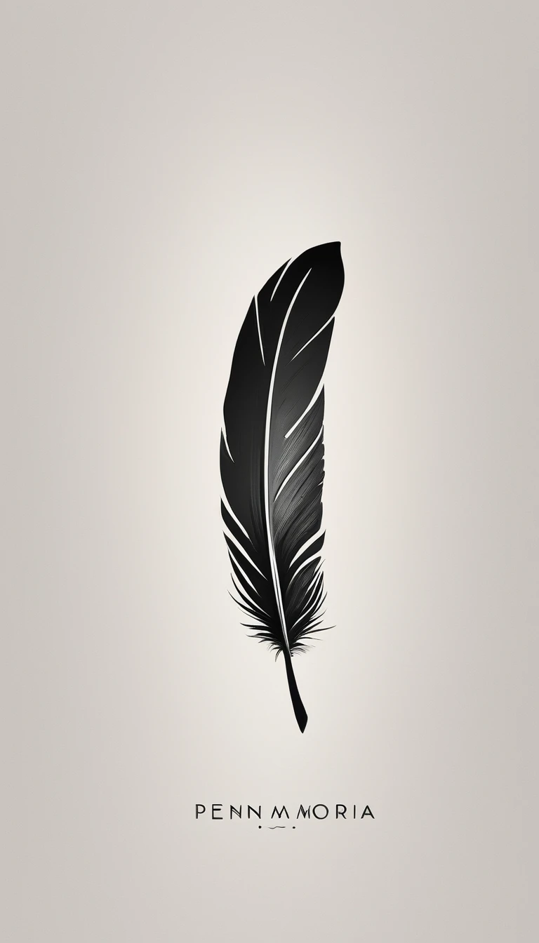 A minimal, modern, simple, cinematic logotype for the brand “Penamemoria". The logotype must be a simple, magical feather. The logo must convey a sense of music, stories and dreams. Logo design impressed on a book cover. Minimalistic logo