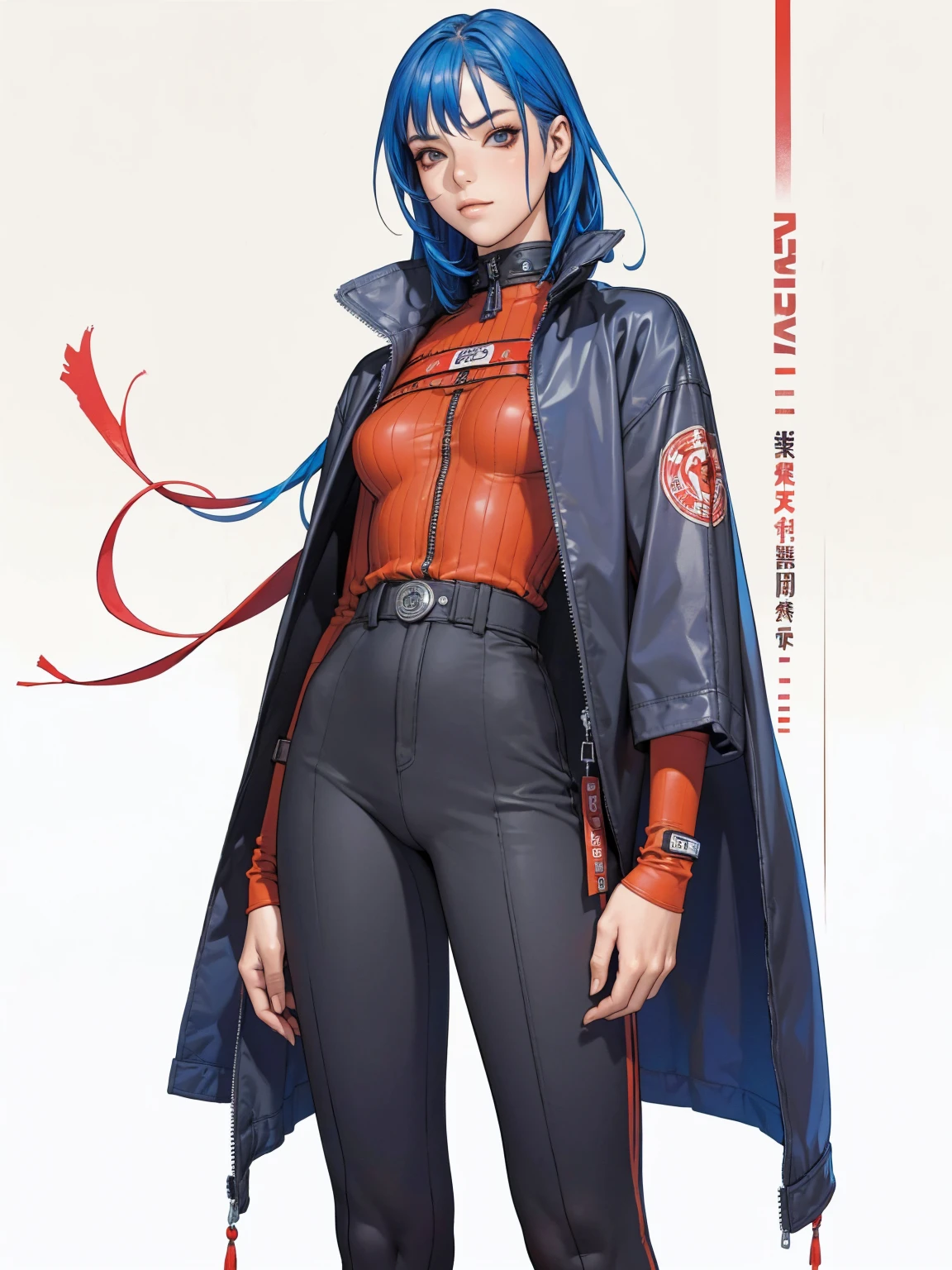 (((best qualityer))), (((manga strokes))), (((blue hair with red highlights))), uma Kizi jovem muito bem vestida com roupas modernas de inverno, pants with red and black zig-zag pattern, top gift vertical stripes, short jacket with dark fur collar, beautiful and expressive face, slightly-smile, big eyes with long black eyelashes, heavy make-up, chains and zippers spread across clothes, contrasting colours, pose de atitude, hair with a modern and futuristic cut, urban game poster art, dramatic camera angles, graffiti art elements in the background, design mixing contemporary and retro by Shepard Fairey, (((cowboy shot))), (((best qualityer: 1.4))), (Unbeatable masterpiece), (hiper HD),(CG 8k hyper-realistic), Kizi, (((standing alone))), pirralha violent, (((14歳))), sexly, pose de atitude, work of art, post-apocalypse, (((manga style))), bounty hunter, violent, Manic, the way you want, slenderbody, thin but strong, perfectbody, roupa moderna, advanced technology, neon, sleeves with vertical striped pattern, neutral background, (( cowboy shot )). intricate visual