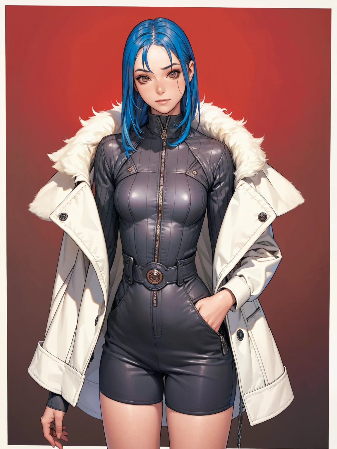 (((best qualityer))), (((manga strokes))), (((blue hair with red highlights))), uma Kizi jovem muito bem vestida com roupas modernas de inverno, pants with red and black zig-zag pattern, top gift vertical stripes, short jacket with dark fur collar, beautiful and expressive face, slightly-smile, big eyes with long black eyelashes, heavy make-up, chains and zippers spread across clothes, contrasting colours, pose de atitude, hair with a modern and futuristic cut, urban game poster art, dramatic camera angles, graffiti art elements in the background, design mixing contemporary and retro by Shepard Fairey, (((cowboy shot))), (((best qualityer: 1.4))), (Unbeatable masterpiece), (hiper HD),(CG 8k hyper-realistic), Kizi, (((standing alone))), pirralha violent, ((())), sexly, pose de atitude, work of art, post-apocalypse, (((manga style))), bounty hunter, violent, Manic, the way you want, slenderbody, thin but strong, perfectbody, roupa moderna, advanced technology, neon, sleeves with vertical striped pattern, neutral background, (( cowboy shot )). intricate visual