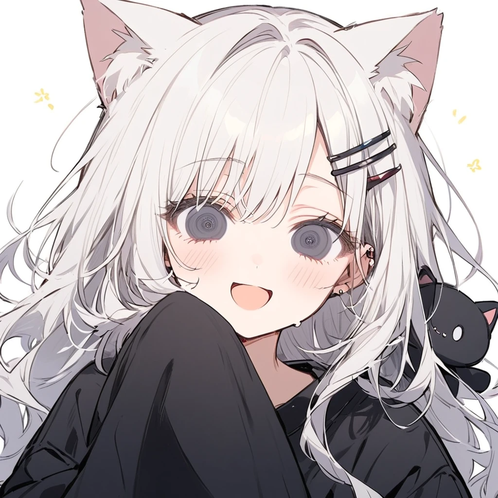 long hair, White hair, black inner hair, open mouth, smile, flustered, Illustration where the pupil does not overlap the lower lash line, The lower half of the eye is white, vacant eyes, black eyes, oversized clothes, sleeves past wrists, , black cardigan, black ribbon, piercing, stuffed animal, White background, 1girl, cat ear，solo, hairpin
