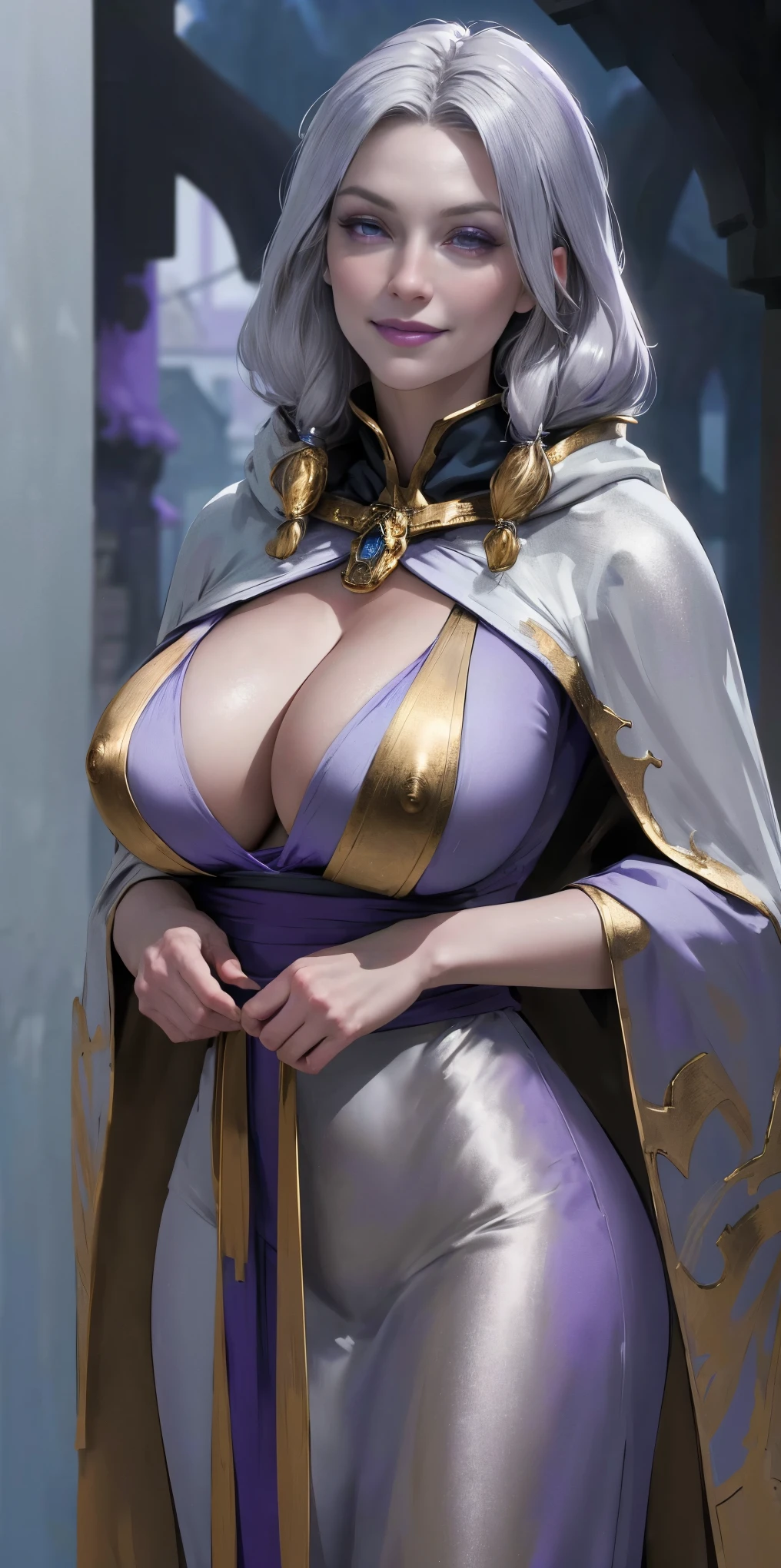 (1MILFWoman)(chest covered)(smile) Gray skin, pale golden hair and violet eyes. She prefer clothing of white and silver with cloaks of deep blue or purple, village background, huge_knockers ((very precise detailed)) ((highres)