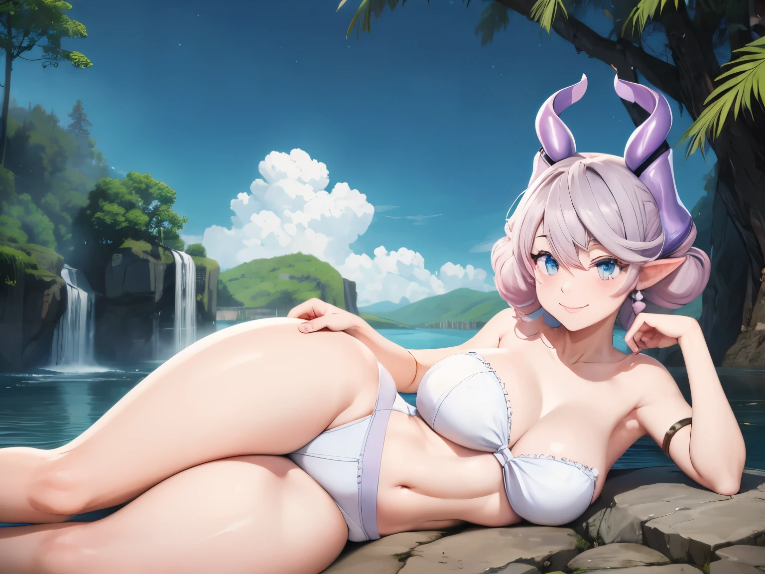 Waterfalls High level image quality best image quality 8K adult woman background a lake in the middle of jungle outside more colors whole body view portrait wearing deep pink bikini pink horn ears short hair((shortcut)(gray hair)(perm)(fluffy)) eye color is blue , , attractive evil face , smile , sexy pose , labrynth , barearm , both arms over head , wearing pink , crossed legs