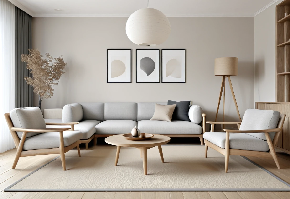 photo of Retro Japandi simple luxury living room interior style.
Combining Scandinavian and Japanese styles, minimalism, sophistication, using natural materials.
Color: Neutral tones, white, gray, wood color. UHD, 8K, super highly detailed, Ultra super HD, Ultra sharpen image