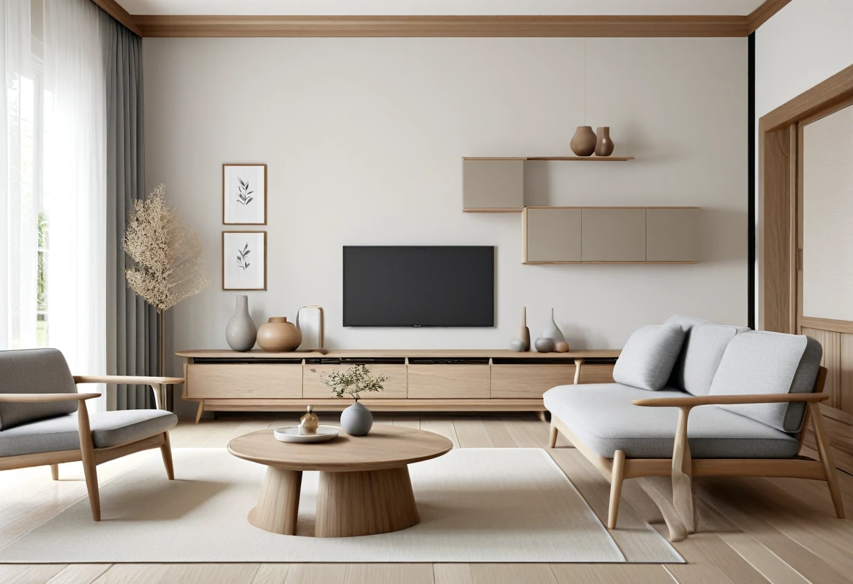 photo of Retro Japandi simple luxury living room interior style.
Combining Scandinavian and Japanese styles, minimalism, sophistication, using natural materials.
Color: Neutral tones, white, gray, wood color. UHD, 8K, super highly detailed, Ultra super HD, Ultra sharpen image