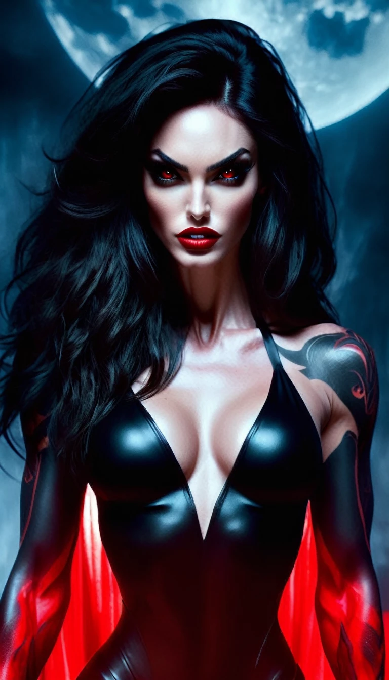 Megan Fox as a sexy hyper muscular vampire girl rising from a pool of red blood, ((full body view:1.25)), (((Megan Fox))), (((pale skin:1.25))), ((red glowing eyes:1.45)), ((Female Bodybuilder:1.25)), ((((very Wide chest & Shoulders)))), ((((huge veiny breasts)))), ((vampirella outfit:1.25)), ((long hair)), (((beautiful intricate red gothic vampire armor:1.25))), (((background with a red moon and sea of blood))), Ultra-detailed, High resolution, 8K UHD, (((Photo-realistic image:1.25))), ((abyssaltech))
