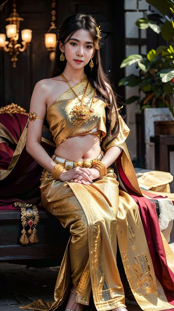 (raw photos:1.2), (realistic:1.4), (Masterpiece:1.3), (best quality:1.4), Ultra high resolution, (Detailed eyes), (Detailed facial features), (Detailed clothing features), HDR, 8K resolution, Focus only, Dressing according to Thai tradition, Strapless, Thai female warrior, Tabengman, 1 woman , big breasts, A gigantic rift, big breastsดันเสื้อผ้า, big breast, The breasts are fully grown.., Make your breasts bigger.., small waist, Long legs, Facing the audience, Full body, depth of field, Cinema-grade lighting system, big breasts, Your breasts are too big for your body., Revealing a flat stomach, The lower half of the chest can be seen.., sexy sitting position, Sitting on a palanquin, Image from a very low angle, holding an ancient sword